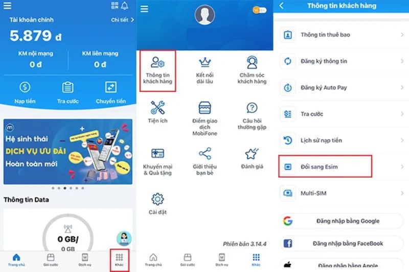 Chuyển eSIM Mobifone trên ứng dụng
